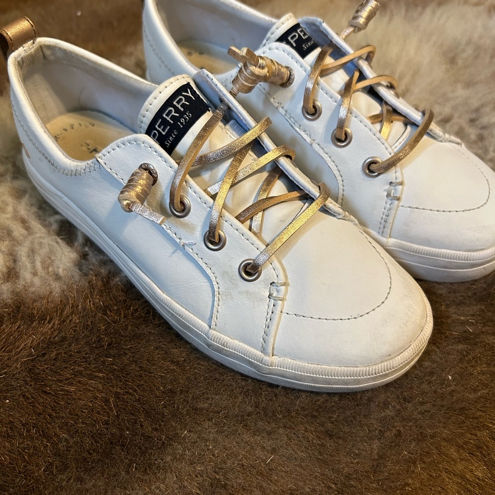 Sperry White Leather Sneakers with Metallic Gold Laces